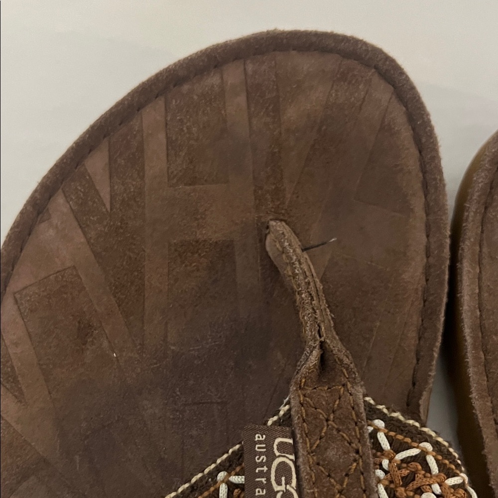 UGG Brown Suede Shearling Thong Sandals with Woven Strap Sz 9 - Picture 6 of 16